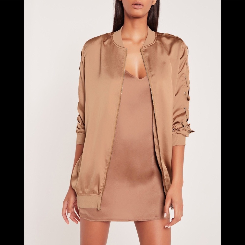 Carli bybel x Missguided Rose gold bomber jacket
